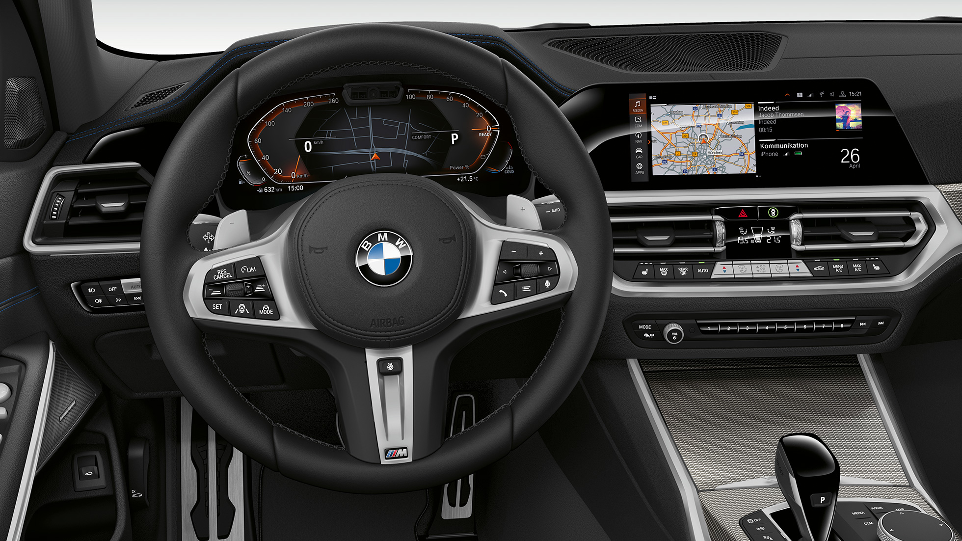 BMW 3 Serisi Sedan, Sport Line Kokpiti. BMW 3 Serisi Sedan Sport Line sürücü kokpitinin önden yakın çekimi.