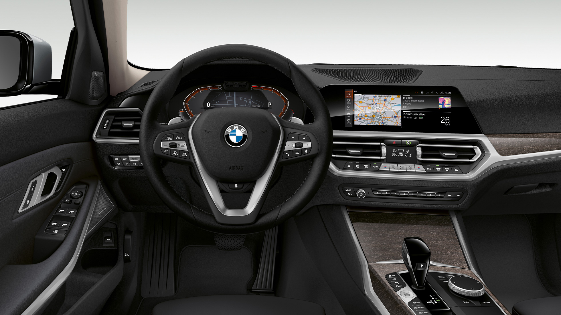 BMW 3 Serisi Sedan, Luxury Line kokpit. BMW 3 Serisi Sedan Luxury Line sürücü kokpitinin önden yakın çekimi.