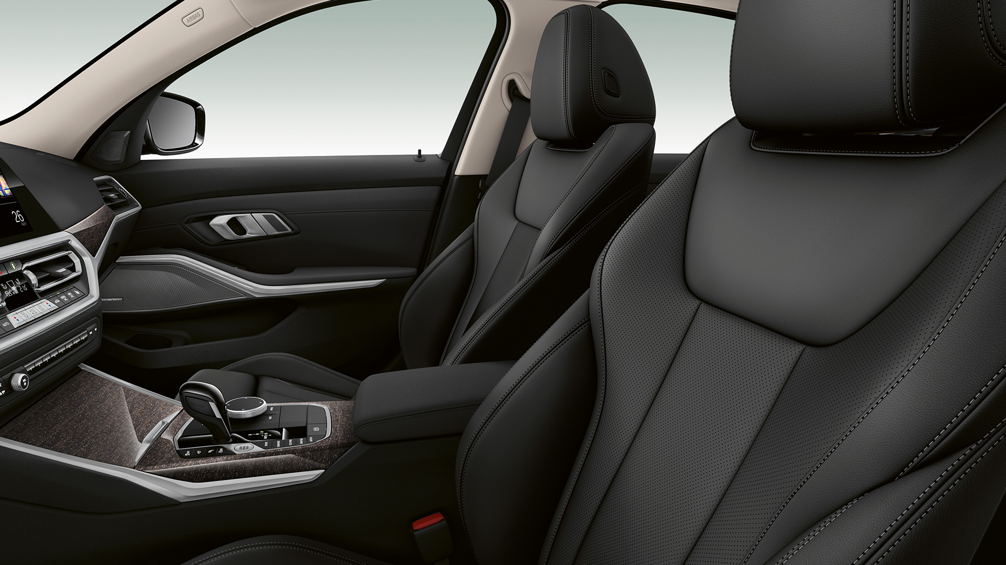 BMW 3 Serisi Sedan, Luxury Line ön koltukları. BMW 3 Serisi Sedan Luxury Line ön koltuklarının yandan yakın çekimi.