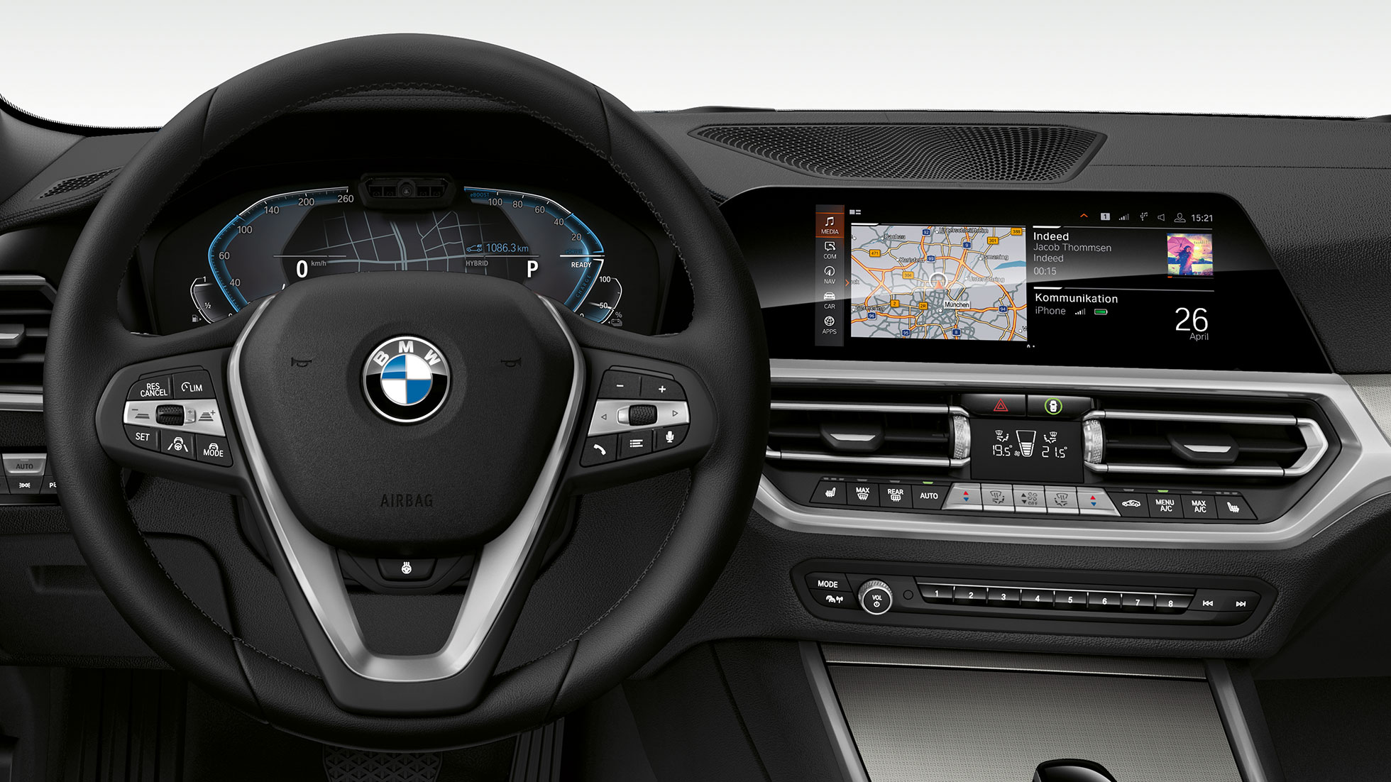 Yeni BMW 3 Serisi Sedan, 330e Kokpit. Özel i ekranıyla Yeni BMW 3 Serisi Sedan kokpitinin detaylı önden görünümü.