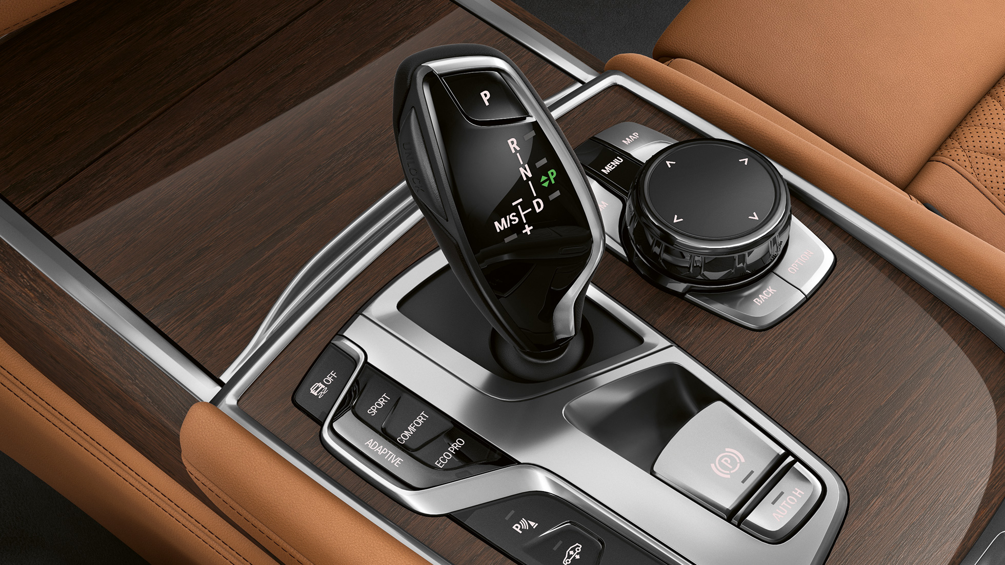 BMW 7 Serisi Sedan Pure Excellence, vites seçim kolu BMW 7 Serisi Sedan Pure Excellence: Vites seçim kolunun yakın çekimi