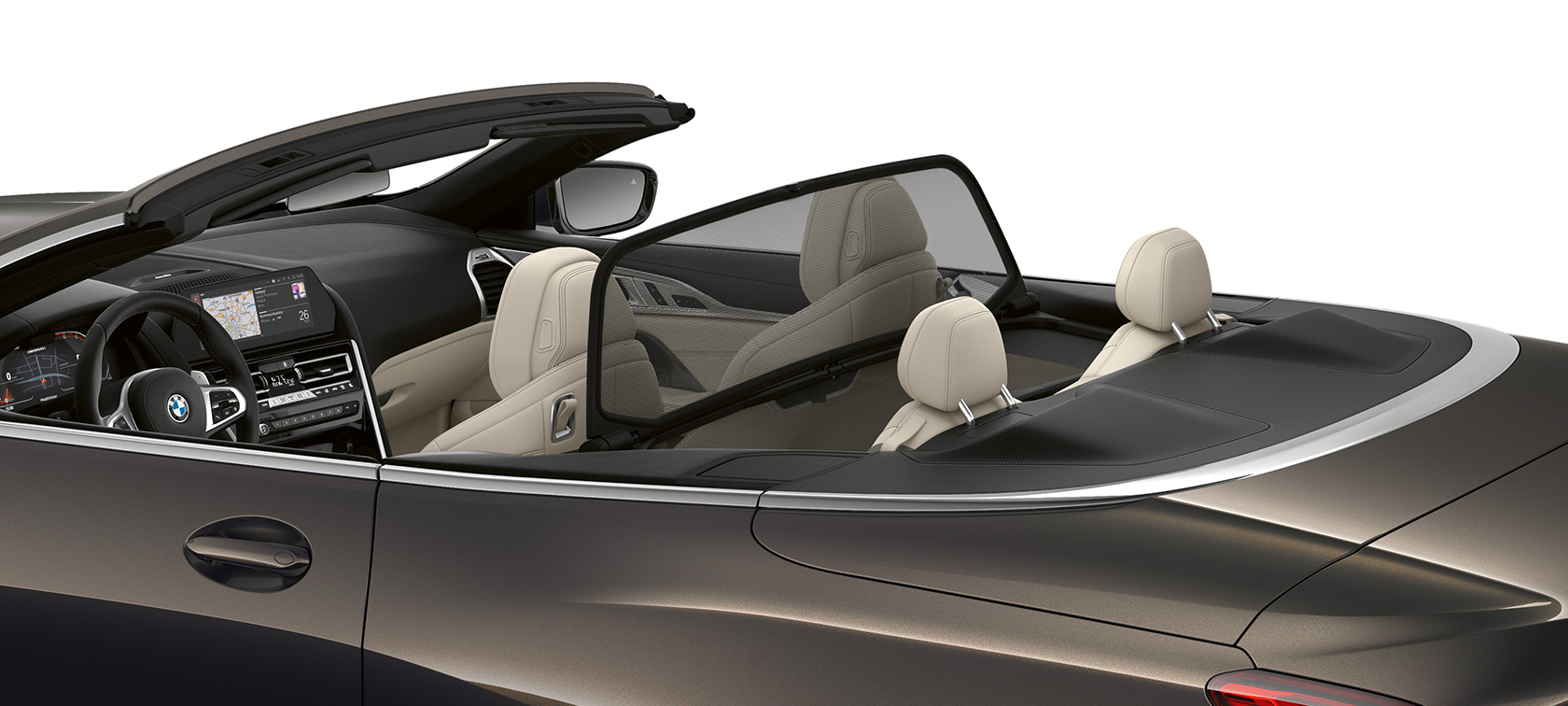 BMW M850i xDrive, Metalik Gri/Dravit, softtop açık halde yan görünüm. BMW M850i xDrive, Metalik Gri/Dravit, softtop açık halde yan görünüm.