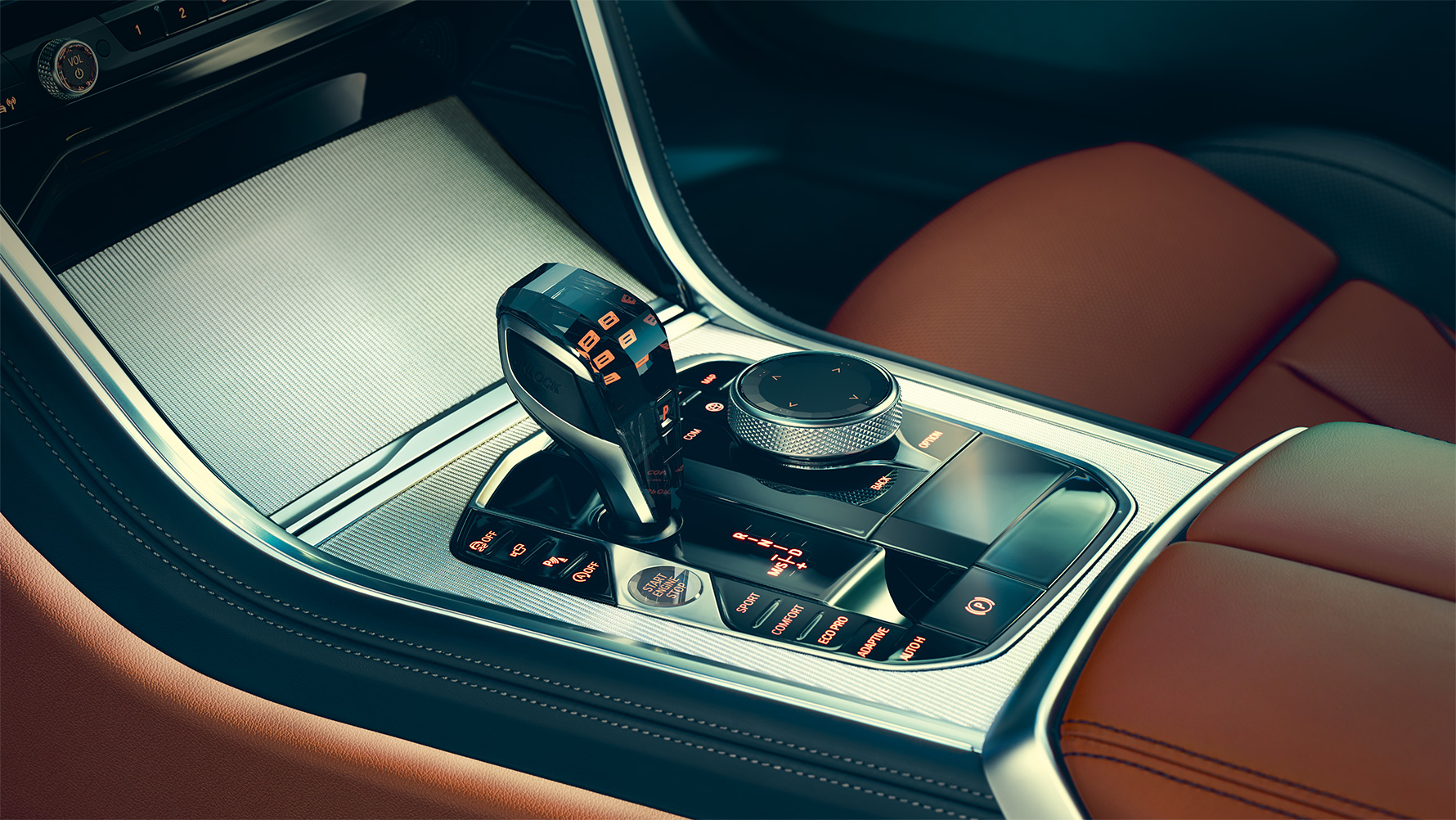 Yeni BMW 8 Serisi Coupé, orta konsol Yeni BMW 8 Serisi Coupé'nin iç tasarımının orta konsol odaklı yakın plandan çekilmiş görüntüsü.