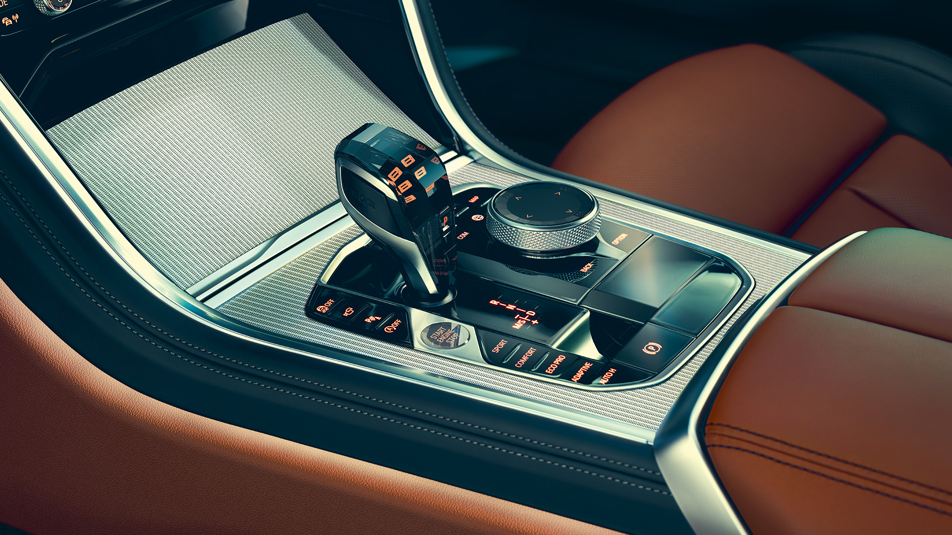 BMW 8 Serisi Coupé, iç tasarım. BMW 8 Coupé, İç tasarım, vites seçim kolunun yakın plan görüntüsü.