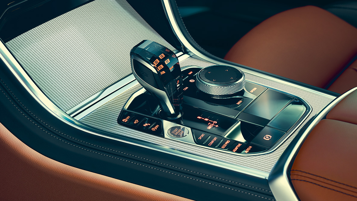 BMW 8 Serisi Coupé, orta konsol. BMW 8 Serisi Coupé'nin iç tasarımının orta konsol odaklı yakın plandan çekilmiş görüntüsü.