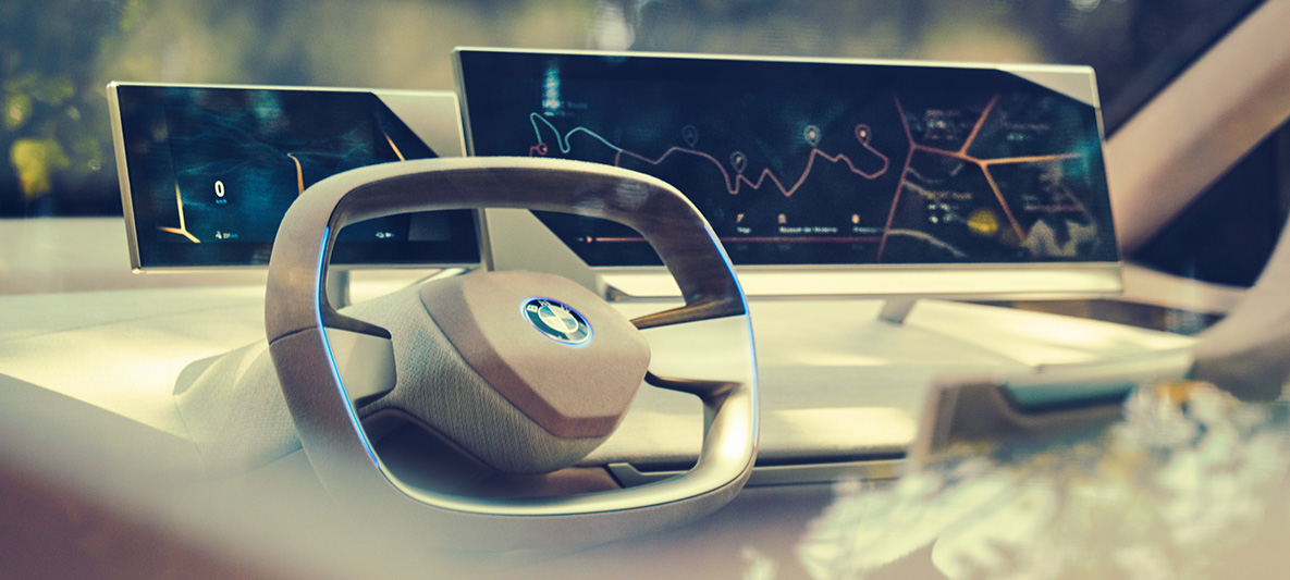 BMW Vision iNEXT iç tasarımı BMW Vision iNEXT’in direksiyon ve ön konsolun görüldüğü iç tasarımı