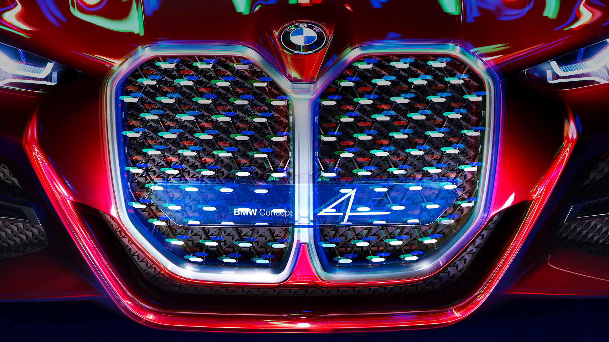 Dikey BMW Böbrek Izgaraları BMW Konsept 4 Ayna efektli kristal öğeler içeren dikey BMW Böbrek Izgaraları, BMW Konsept 4, Metalik Kırmızı/ Forbidden, dış tasarım