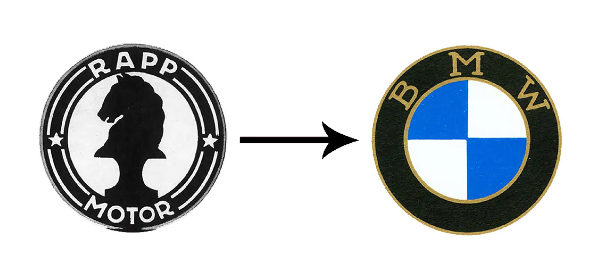Rapp Motorenwerke GmbH logosunun 1917’deki ilk BMW logosuna evrilişi. Rapp’in firma logosunun ve isminin etrafındaki siyah çember kullanımı sürdürülmüş.