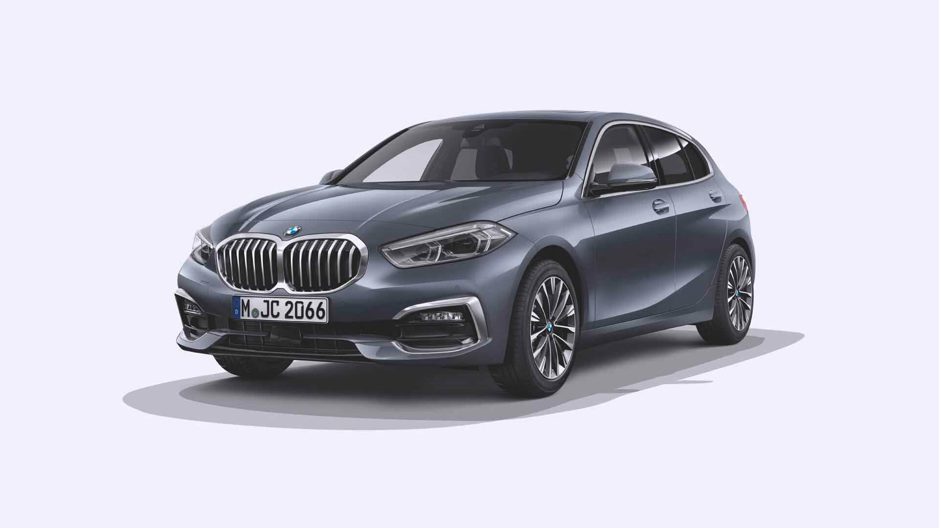 BMW 1 Serisi Sport Line, ön görünüm. Metalik Beyaz/Mineral BMW 1 Serisi Sport Line, ön görünüm, stüdyo çekimi.
